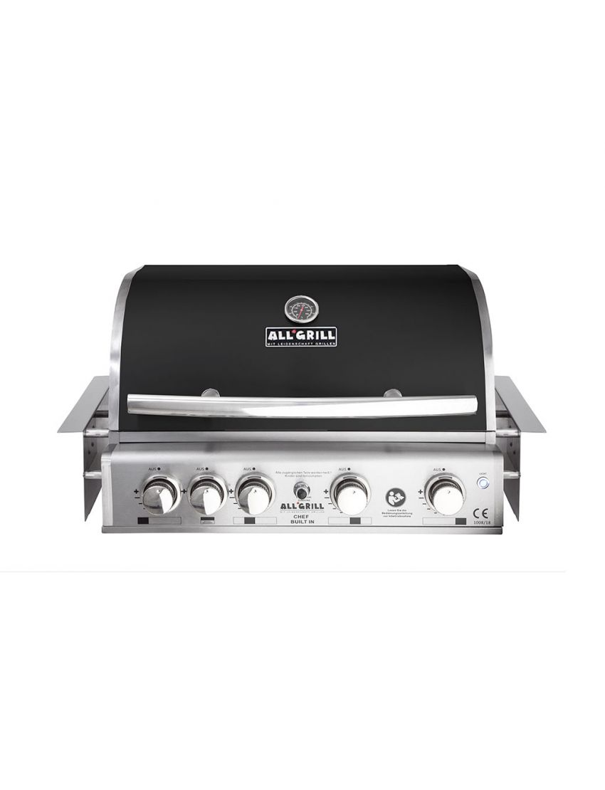 ALLGRILL Chef L Black 100729, vestavný plynový gril 17,5 kW, 4+1 hořák, zadní infra, Airsystem - nerez, černé víko