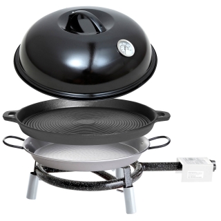 Grilovací set - hořák 30 cm s leštěnou 32cm a litinovou 35cm pánví a víkem PWI 106702